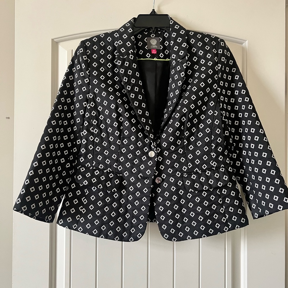 VINCE CAMUTO Desert Horizons Blazer Women’s Size 10 Black White‎ Geo 3/4 Sleeve